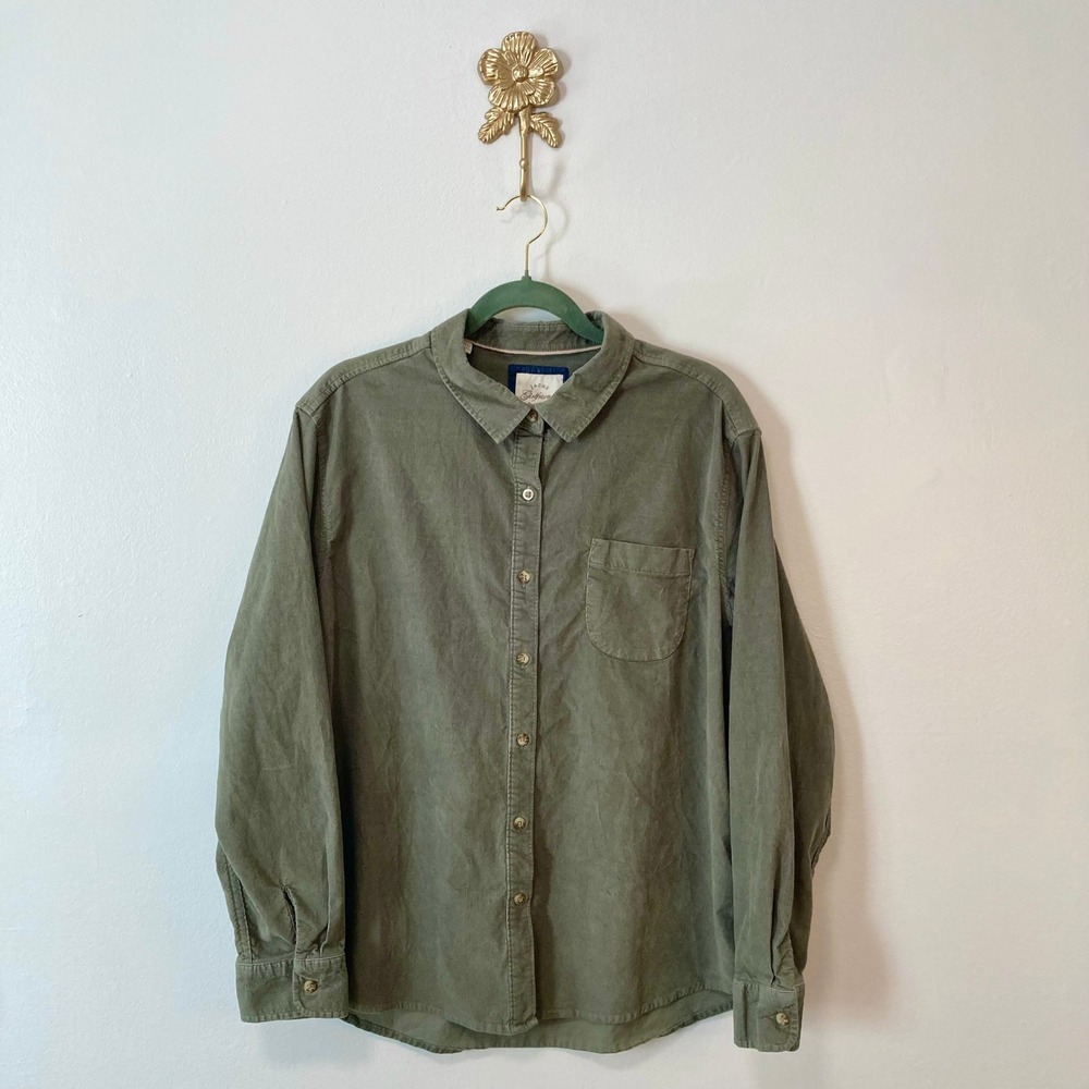 Olive Green Corduroy Utility Button Down Shirt XXL Gorpcore Fall Cabincore
